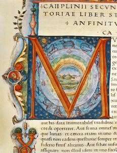 Historiallinen alkukirjain "M", joka kuvaa taivasta ja horoskooppimerkkejä Plinius Vanhemman "Naturalis Historiasta" (vellum) tekijältä Italian School