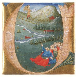 Historioitu alkukirjain, joka kuvaa Elisaa Elian vaipassa, leikkaus antifonaarista, n. 1440 (tempera & kultalehti pergamentilla) tekijältä Italian School
