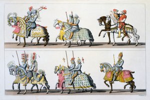 Pyhä Rooman valtakunta: Osallistujat turnaukseen Luxemburgin linnassa Maximilian I:n aikana, Costumi dei Romanista, Svizzeristä. n. 1800-18 tekijältä Italian School