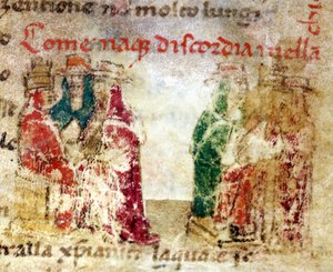 Kuinka epäsopu syntyi Rooman kirkossa (Schism) vuosina 1378-1417: 1300-luvun käsikirjoitus.@- julkaisussa "" Croniche del Sercambi "". Kansallisarkisto, Lucca. tekijältä Italian School