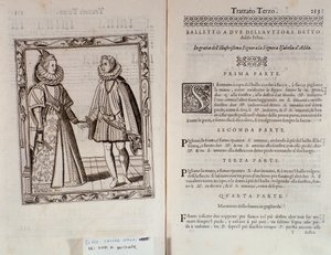 Kuinka tanssia baletti kahdelle Italialaisen tanssijan Cesare Negrin Le Gratie dAmore (Le Grazie dAmore) kaksoissivu nimeltä Il Trombone (1536-1604), tanssisopimus tekijältä Italian School