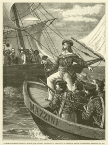 Ensimmäinen telakka nimeltä Mazzini, republikaanien lippu, Garibaldin komentaja, Assale An Imperial Brigantion (kaiverrus) tekijältä Italian School