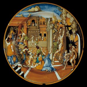 Homeren Ilias: fajanssiastia, joka edustaa Troijan tulta. toteutui Faenzassa. 1525-1530. Pariisi, Louvre-museo tekijältä Italian School