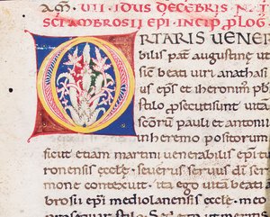 Alkukirjain "O" leikkauksen kääntöpuolella Milanon Paulinuksen kanssa, Vita Sancti Ambrosi, luultavasti Toscanasta, n. 1150-75 (muste perunakalvolla) tekijältä Italian School