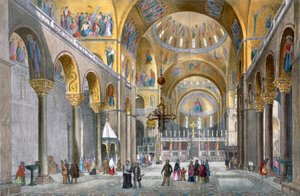 Pyhän Markuksen basilikan sisäkuva kupolia päin, Cecchinin, Pividorin ja Violan Venetsian näkymistä, n. 1850 (käsinvärinen lito) tekijältä Italian School