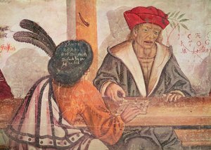 Majatalon sisustus, yksityiskohta kahdesta miehestä, jotka pelaavat lautapeliä (fresko) tekijältä Italian School