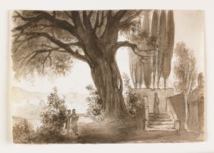 Italialainen maisema tammipuulla, 1800-luvun alku (kynä ja ruskea muste ja pesu liidun päällä) tekijältä Italian School