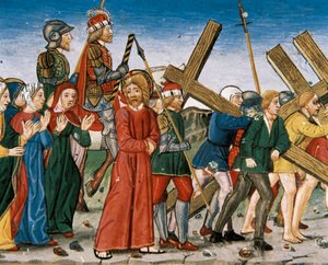 Jeesus johtaa Golgatalle ja pyhiin naisiin matkalla. Cristobal de Predisin käsikirjoitus (1440-1486) tekijältä Italian School