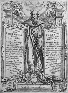 Joachim of Flora, kuvitus teoksesta "Vaticinia Sive Prophetiae Abbatis Ioachimi", 1589 (kaiverrus) (bw kuva) tekijältä Italian School