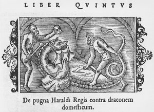 Kuningas Harald taistelee lohikäärmettä vastaan, kuvitus Olaus Magnuksen (1490-1558) teoksesta Northern Nations History, julkaistu Roomassa, 1555 tekijältä Italian School