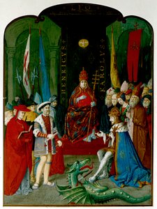 Kuningas Henrik VIII kiistassa keisari Kaarle V:n kanssa ennen paavi Leo X:tä. Henrik pitää kädessään rullaa, joka saattaa olla vuoden 1521 bulla, joka myönsi hänelle tittelin "Uskon puolustaja" (muste ja akvarelli paperille) tekijältä Italian School
