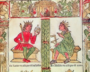 Kuningas Latinus ja kuningas Aleksanteri, Lorenzo Spirito Gualtierin Kohtalokirjasta (painettu paperi) tekijältä Italian School