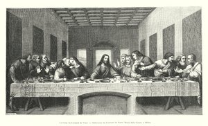 Leonardo da Vincin viimeinen ehtoollinen Santa Maria delle Grazien luostarin ruokasalissa Milanossa (kaiverrus) tekijältä Italian School