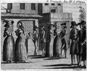 Carlo Goldonin (1707-1793) sarjakuvan Il ventaglio (Tapahtuma) (1764) III näytöksen viimeinen kohtaus. Kaiverrus 1700-luvulta tekijältä Italian School
