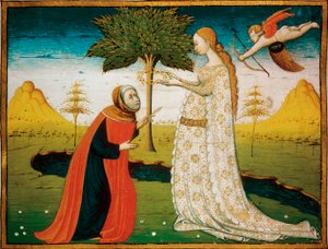 Laura (Laure) de Noves (1308-1348) kruunaa runoilija Francesco Petrarcan (Petrarque). tekijältä Italian School