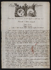 Italiankielinen kirje, jossa on Brutus nuoremman pää, Gaius Mucius Scaevolaa edustava palava käsi ja Ranskan vallankumouksen motto tekijältä Italian School