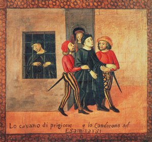 Antonio di Guiseppe Rinaldeschin elämä - Otettu vankilasta oikeudenkäyntiä varten, Firenzen koulu (öljy paneelissa) (yksityiskohta) tekijältä Italian School