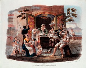 Pikku napolilainen: keitettyjen makaronien myyjä. Kaukana vesuve Napolinlahdella. 1800-luvun litografia. Kansallinen pastamuseo, Agnesi-säätiö, Rooma tekijältä Italian School