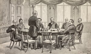 Lontoon Egypti-konferenssi, Yhdistynyt kuningaskunta: kreivi Munster, Musurus Pasha, Granville (seisomassa), kreivi Nigra, Waddington, De Staal, Childers, kreivi Karolyi, kaiverrus Edoardo Ximenesin piirroksesta, L