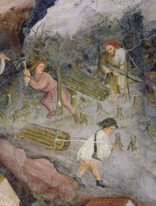 Metsämiehet töissä. Puiden kaataminen metsässä (fresko) tekijältä Italian School