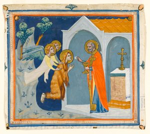 MS McClean folio 201.4 r St. Maria Magdalene, erämaassa Aixin ympärillä, enkelit kuljettamana St. Maximinille, joka toimittaa viimeisen ehtoollisen, n. 1330 tekijältä Italian School