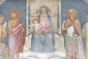Madonna ja lapsi, enkeli Gabriel, pyhä Johannes Kastaja, pyhä Ambroseus, pyhä Bernard tekijältä Italian School