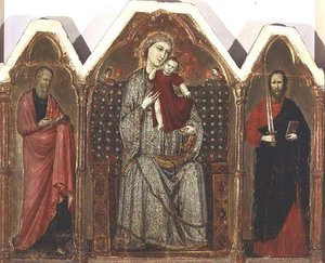 Madonna ja lapsi istuivat SS:n kanssa. Johannes evankelista ja Paavali, Riminese School (triptyykkitaulu) tekijältä Italian School