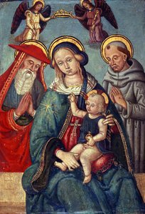 Madonnan ja lapsen kruunasivat kaksi enkeliä, St. Hieronymus ja Pyhä Franciscus, n. 1500 (tempera poppelipuulla) tekijältä Italian School