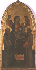 Madonna ja lapsi pyhien kanssa (tempera paneelissa) tekijältä Italian School