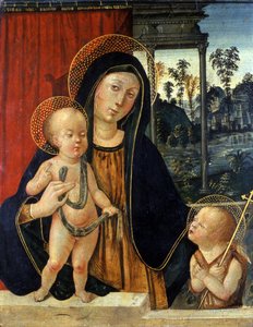 Madonna ja lapsi nuoren Johannes Kastajan kanssa, n. 1500 (tempera poppelilla) tekijältä Italian School
