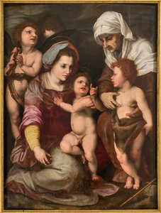 Madonna Jeesus-lapsen, Pyhän Elisabetin, Pyhän Johanneksen ja kahden enkelin kanssa, kopio Andrea Del Sartolta (öljy paneelissa) tekijältä Italian School