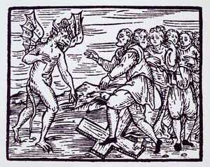 Miespuolinen noita, joka kieltäytyy Kristuksesta, kopio Fr M Guacciuksen, Milano 1608, Compendium Maleticarum -kuvasta, käytetty History of Magicissa, julkaistu 1800-luvun lopulla