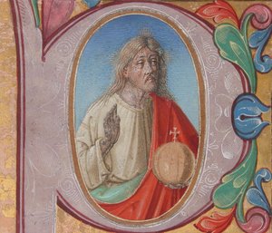 Käsikirjoituksen valaistus Salvator Mundilla P-kirjaimella, kuorokirjasta (Tempera, muste ja kulta pergamentilla) tekijältä Italian School