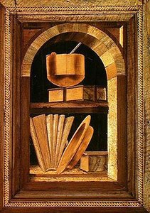Marquetry-paneeli asetelmista kirjoilla (puu) tekijältä Italian School