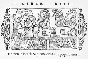 Miehet juovat, kuvitus Olaus Magnuksen (1490-1558) teoksesta Northern Nations History, julkaistu Roomassa, 1555 tekijältä Italian School