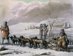 Kamtšatskan miehet, koirareki, Giulio Ferrarion Costumi dei..., n. 1820-30-luvut tekijältä Italian School