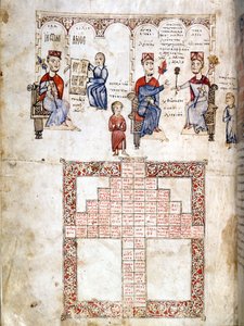 Ecloga Legumin pienoissivu, lakikäsikirjoitus vuodelta 1175. Näytetyt hahmot ovat vasemmalta oikealle Justinianus I (482 - 565), Leo I (457-474) ja Konstantinus I Suuri (270/288 - 337) . Venetsia, raamattu. Marciana. tekijältä Italian School