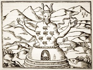Moloch, kopio Athanasius Kirchnerin piirroksesta Oidipus Aegyptiacuksesta, Rooma 1652, käytetty Taikuuden historiassa, julkaistu 1800-luvun lopulla tekijältä Italian School