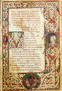 Ms.392 fol.1 Lauren ylistyslaulu Petrarchin kappaleesta "Sonetti, Canzoni e Triomphi" tekijältä Italian School