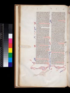 Ms 164. Peter Lombar, Sententiae, f.15v. bas-de-page kynätyökoristelu kehittyi linnun/lohikäärmeen hybrideiksi tekijältä Italian School