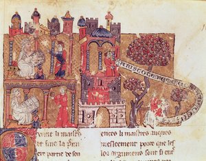 Ms 269 Fol.108 Aristoteles (384-322 eKr.) opettaa Aleksanteri Suurta (356-323 eKr.) moraalista ja naisten halveksumisesta Brunetto Latinin (1220-94) Le Livre du Tresorista tekijältä Italian School