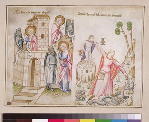 Ms 43-1950 (5v) Christs Temptation, Daniel tuhosi Belin, Speculum Humanae Salvationisista tekijältä Italian School