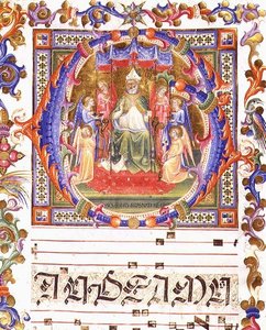 Ms 557 f.35v Historioitu alkukirjain "O", joka kuvaa Aegidiusta (St. Giles) (d.c.700) valtaistuimella enkelien ympäröimänä, "Messale di Sant