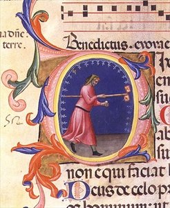 Ms 559 f.113v Historiallinen alkukirjain "O", joka esittää Pyhän Joosefin pitelemässä sauvaa kahdella kyyhkysillä koristellulla lipulla, Santa Maria Novellan psalteri, valaisi Paolo Soldini (fl.1342-86) 1379 (vellum) tekijältä Italian School