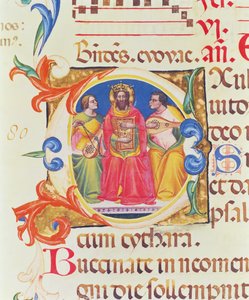 Ms. 559 f.155v Historioitu alkukirjain O, joka kuvaa kuningas Daavidia ja kahta enkeliä, Santa Maria Novellan psalterista, valaisi Paolo Soldini (fl.1342-86) 1379 tekijältä Italian School