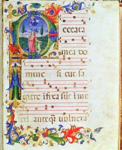Ms 577 f.1 Historioitu alkukirjain "P", joka kuvaa mieshahmoa erämaassa, "Messale di Sant