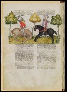 Ms Fr 343 fol.26v Sir Percivals hevonen tapettiin Queste del Saint Graalista, n. 1380-85 tekijältä Italian School