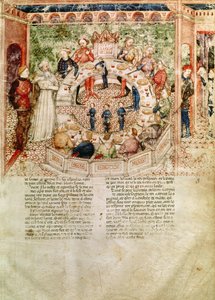 Ms Fr 343 fol.3 Sir Galahad on tervetullut pyöreään pöytään Queste del Saint Graalista, n. 1380-85 tekijältä Italian School