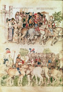 Ms Fr 343 fol.8v Arthur ja hänen ritarit lähtevät etsimään Graalin maljaa Queste del Saint Graalista, n. 1380-1385 tekijältä Italian School
