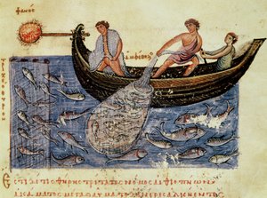 Ms Grec 479 Kalastus verkolla, Oppianin kuvitus Halieuticasta (tempera vellum) tekijältä Italian School
